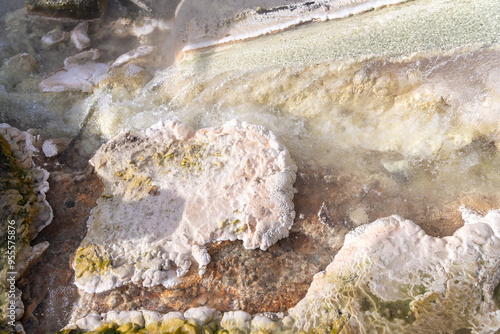 Close-up of hydrogen sulfide hot springs, their deposits photo