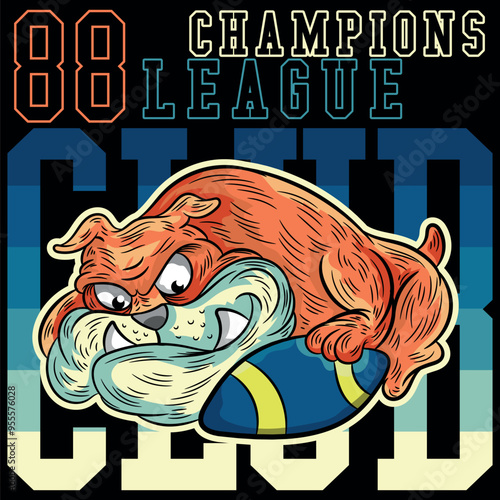 bulldog illustration with texts in collage design, with American football college design, colorful with shadows and numbers on fabric patches. designs with ornaments.