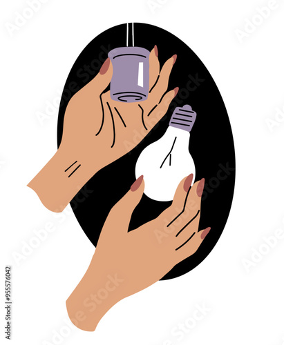 A woman hands twist a light bulb in the ceiling. Electrical wiring repair, electrician work. Profession and specialty. Flat vector illustration isolated on white background