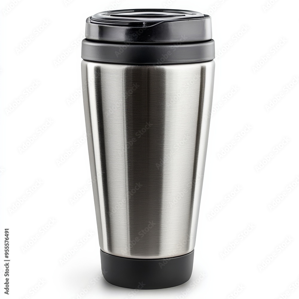 Stainless steel travel mug isolated on a white background perfect for enjoying beverages on the go at any time of day Stainless steel travel mug isolated on a white background perfect for enjoying beverages on the go at any time of day