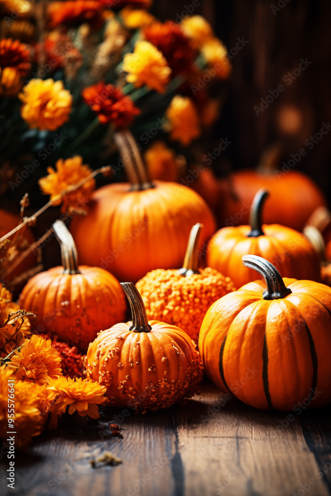 pumpkins and autumn leaves on the table, autumn season, fall background pumpkins and autumn leaves on the table, autumn season, fall background