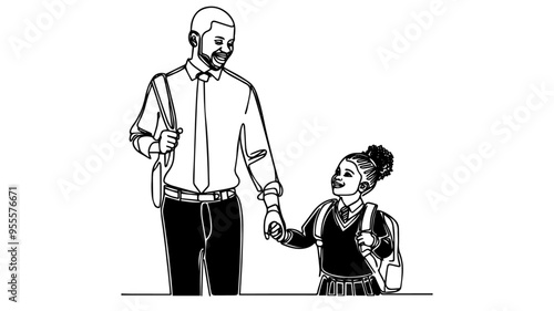 A black father walks daughter to school single  line art vector