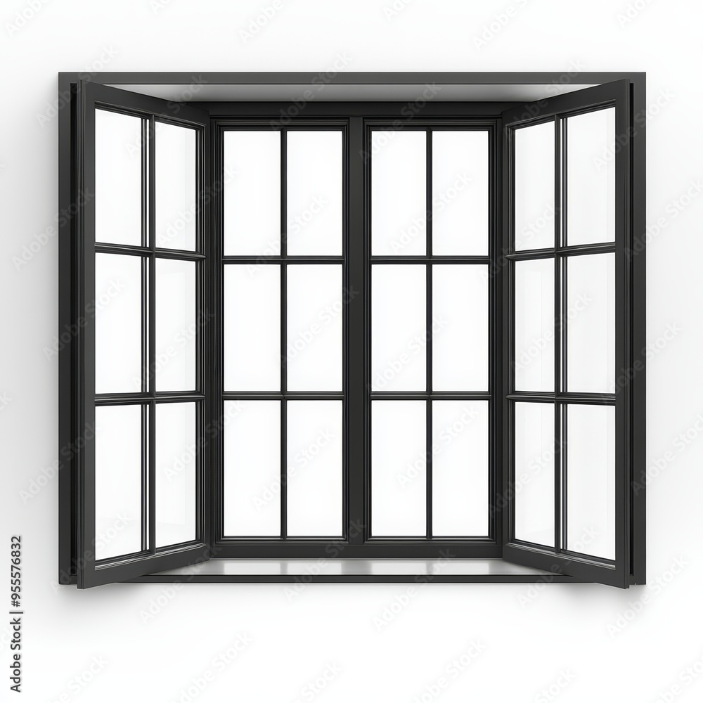 An elegant black windowpane with multiple panes showcasing a minimalist design and isolated against a clean white background An elegant black windowpane with multiple panes showcasing a minimalist design and isolated against a clean white background