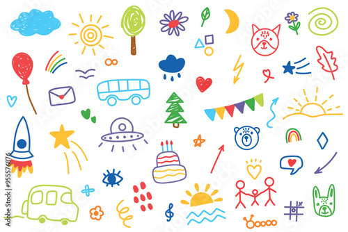 Cute kid flower, cloud, sun, summer illustration. Hand drawn doodle color sketch children cute vector school chalk background. Kids doodle crayon style line flower, cloud doodle pattern. Vector.