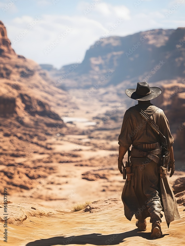 Determined Pioneer Traversing the Vast Sun Drenched Desert Landscape Reminiscent of Classic Western Determined Pioneer Traversing the Vast Sun Drenched Desert Landscape Reminiscent of Classic Western