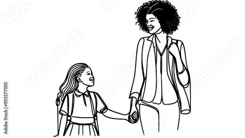 black mother holding the hand of smiling daughter one line art vector