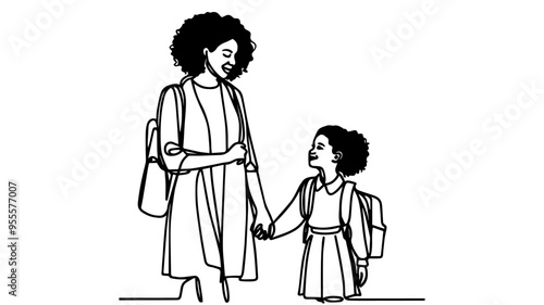 A black mother holding the hand of her smiling daughter  with a backpack line art drawing