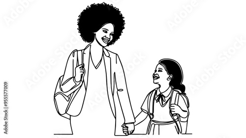 A black mother holding the hand of her cheerful daughter wearing a school uniform line art drawing
