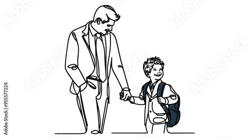 a father holding the hand of his smiling son wearing a school uniform line art  drawing