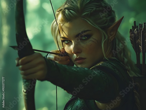 Mystical Elven Archer Poised to Unleash Deadly Arrow in Enchanted Forest Clearing