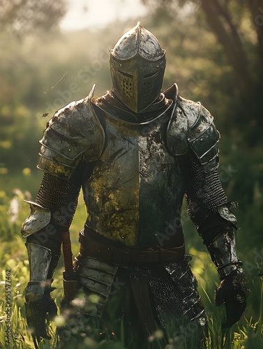 Noble and Steadfast Knight in Gleaming Armor Amid Lush Meadow Aura of Unwavering Resolve