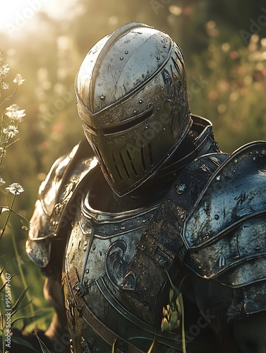 A Noble and Steadfast Knight Standing Tall in a Lush Meadow Armor Gleaming in the Sunlight