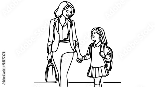 a mother holding the hand of her smiling daughter wearing a backpack single line drawing vector