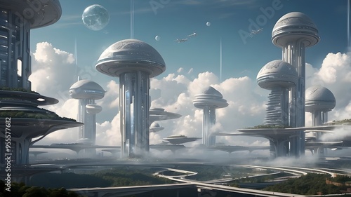 Cities of the future. Cities in the clouds. concept art. Building structures. #955577682