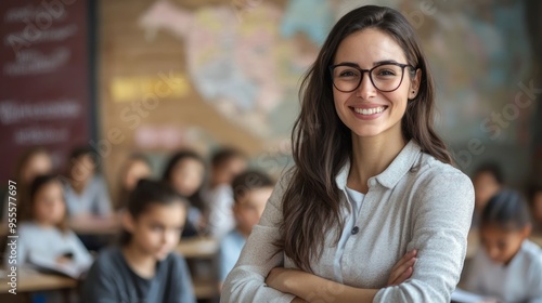 Portrait of cheerful European female teacher standing in classroom during lesson with pupils studying on background. photo