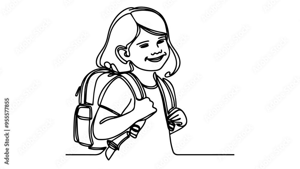 a smiling schoolgirl wearing a backpack line art vector