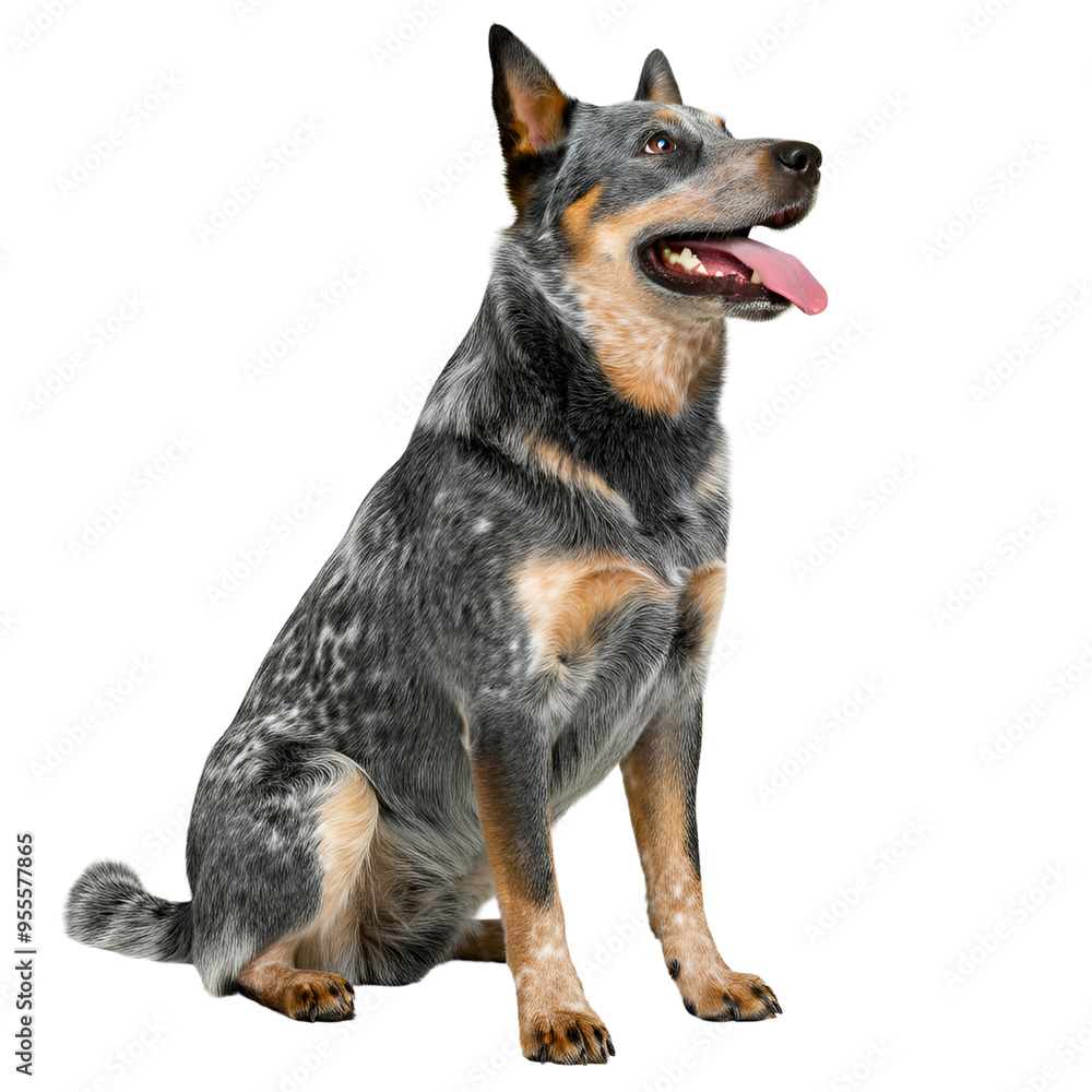 Studio portrait of Australian cattle dog from the side sitting and looking up with tongue out. png isolated background. transparent background Studio portrait of Australian cattle dog from the side sitting and looking up with tongue out. png isolated background. transparent background