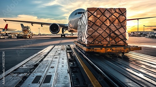 A cargo plane at sunset with pallets loaded for freight transport, showcasing the logistics of air travel and cargo shipment. photo