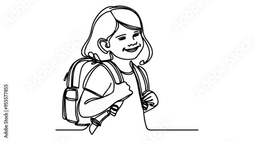 a smiling schoolgirl wearing a backpack line art vector