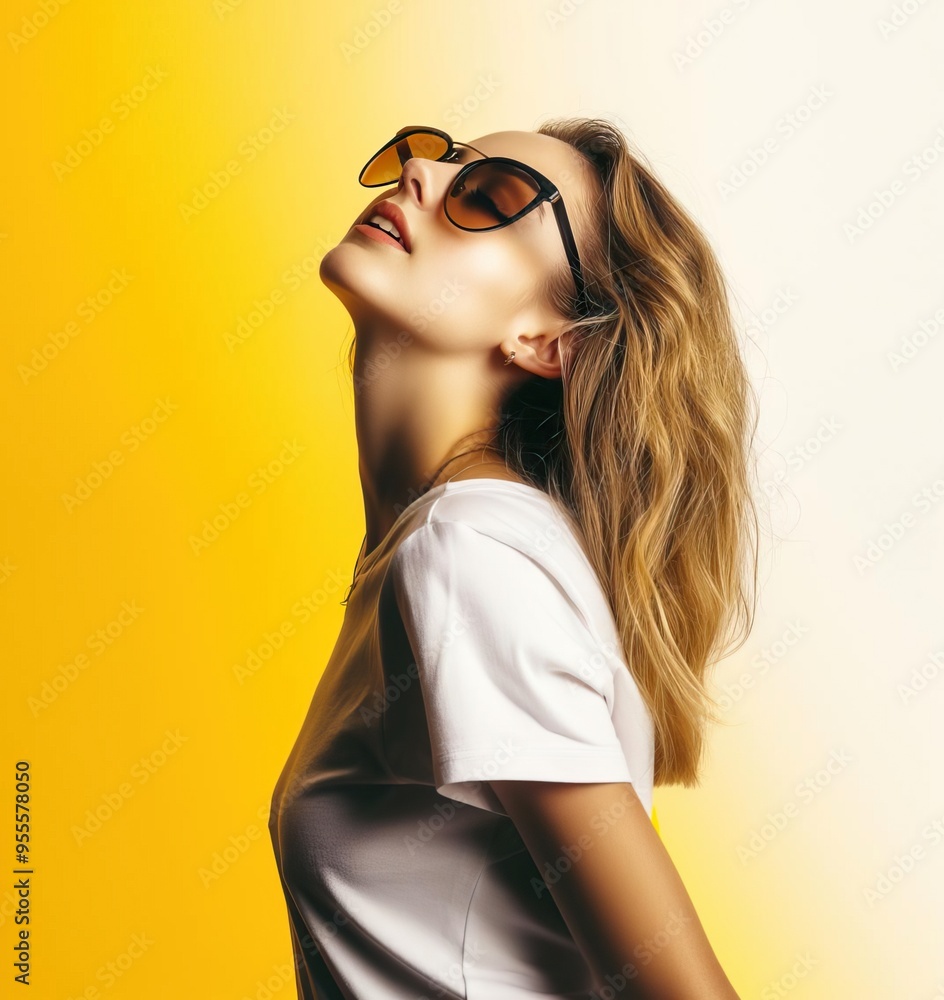 Fototapeta premium Stylish woman wearing sunglasses, posing confidently against a vibrant yellow background, capturing a trendy summer vibe.