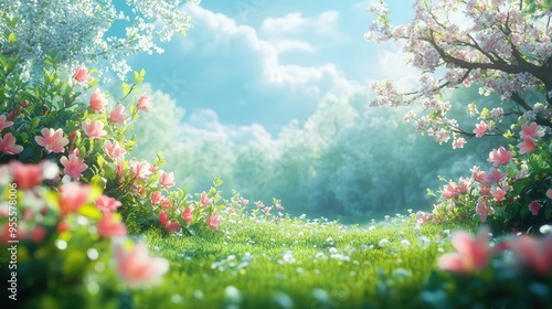 A vibrant spring landscape with blooming flowers and fresh green foliage, showcasing the beauty of new growth and renewal with ample copy space.