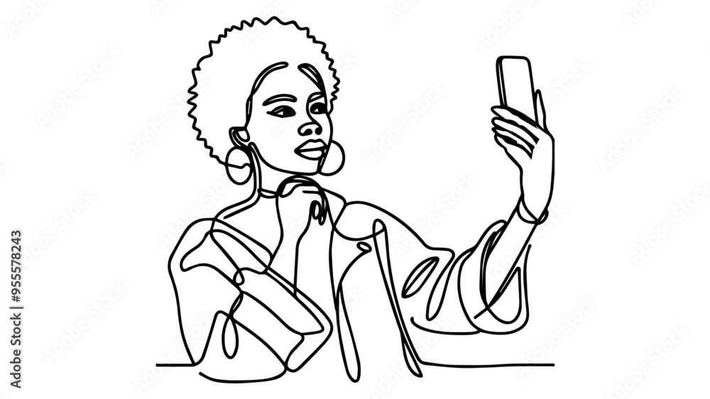 african girl with a phone taking selfies line art drawing vector african girl with a phone taking selfies line art drawing vector
