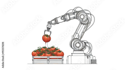 Advanced robotic arm picking tomatoes line art 