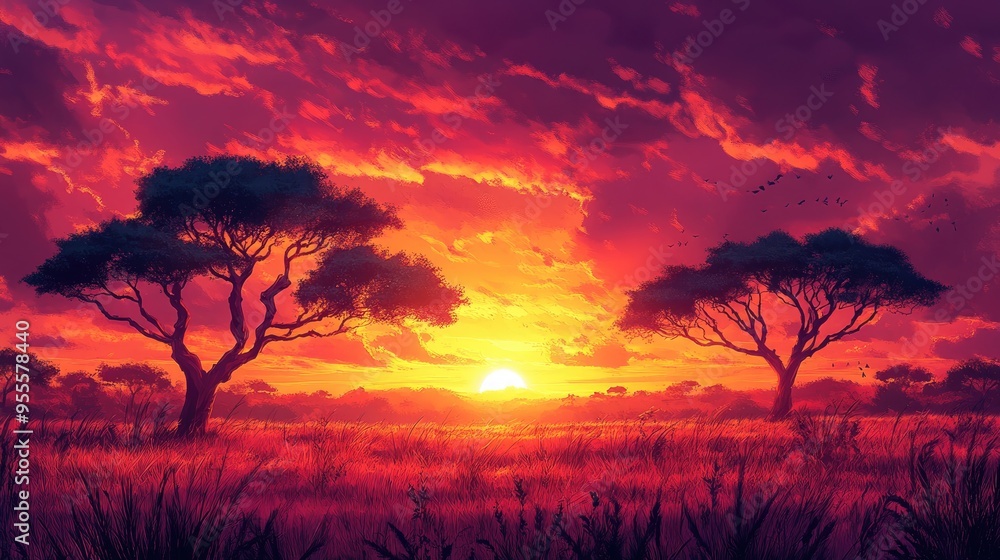 A vibrant sunset over a savanna, with the sky painted in warm hues and silhouetted trees creating a dramatic and picturesque background. A vibrant sunset over a savanna, with the sky painted in warm hues and silhouetted trees creating a dramatic and picturesque background.