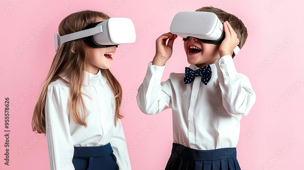 Two excited children wearing virtual reality headsets, enjoying a fun gaming experience together, set against a pink background. Two excited children wearing virtual reality headsets, enjoying a fun gaming experience together, set against a pink background.