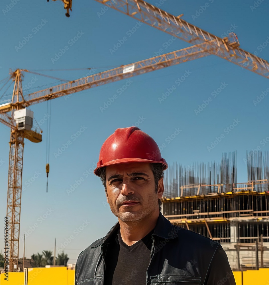 Construction worker in a hard hat stands confidently on a building site with cranes and structure in the background. Construction worker in a hard hat stands confidently on a building site with cranes and structure in the background.