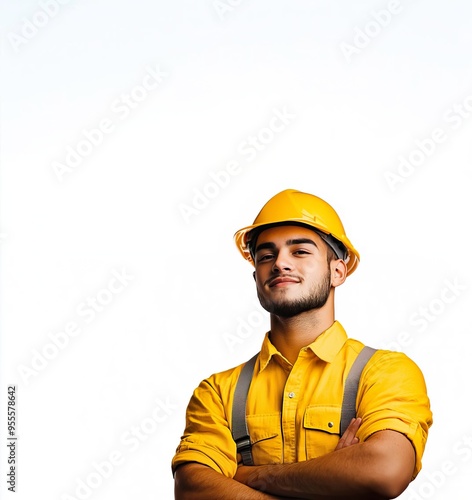 Confident construction worker in yellow shirt and hard hat, standing with arms crossed against a clean background.