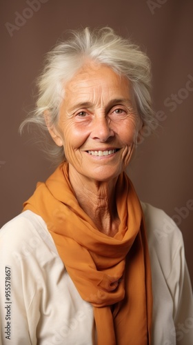 Brown background Happy european white Woman grandmother realistic person portrait of young beautiful Smiling Woman Isolated on Background 