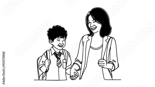 An asian mother holding the hand of her smiling son on way to school line art