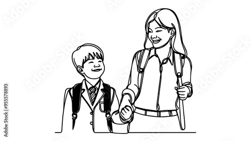 An asian mother holding the hand of her smiling son wearing a school uniform line art