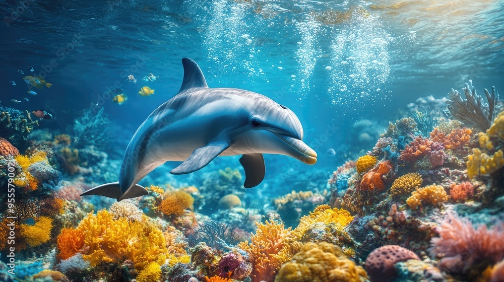 A vibrant underwater scene featuring a playful dolphin and a diverse array of marine life, capturing the excitement and beauty of the ocean with ample copy space.
