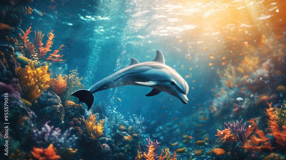 A vibrant underwater scene featuring a playful dolphin and a diverse array of marine life, capturing the excitement and beauty of the ocean with ample copy space. A vibrant underwater scene featuring a playful dolphin and a diverse array of marine life, capturing the excitement and beauty of the ocean with ample copy space.