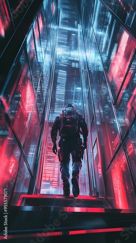 Resolute corporate enforcer stalking through neon lit corridors photo