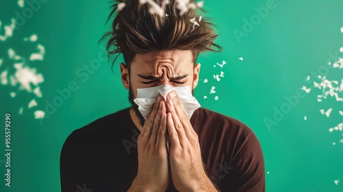 A man with disheveled hair holds a tissue to his face, expressing discomfort from allergies or a cold against a green backdrop. photo