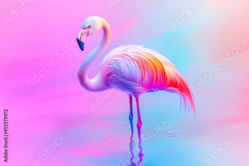 A vibrant pink flamingo stands gracefully in calm water reflecting pastel colors at sunset