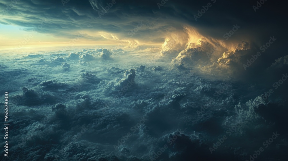 Fototapeta premium A view from above a storm, where dark clouds roil below and the clear, calm sky reigns above.