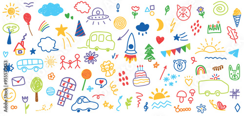 Hand drawn colored set of simple decorative childish elements. Various kid outline icons. Various simple vector illustrations such as hearts, crowns, cloud, sun, flowers, stars, houses, trees, lines.