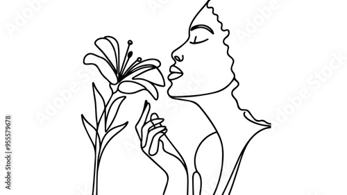 black Woman Enjoy Scent of Flower single line drawing vector