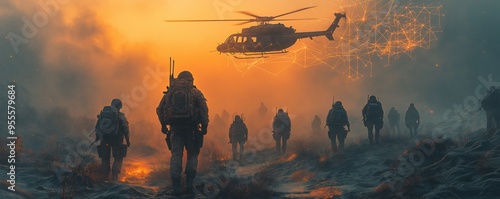Soldiers Marching Under a Glowing Sunset with Helicopter Support and Digital Network, Representing Military Strategy and Unity