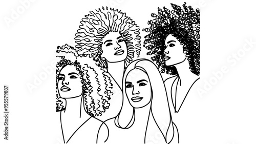 black women with beautiful curly afro hair line art