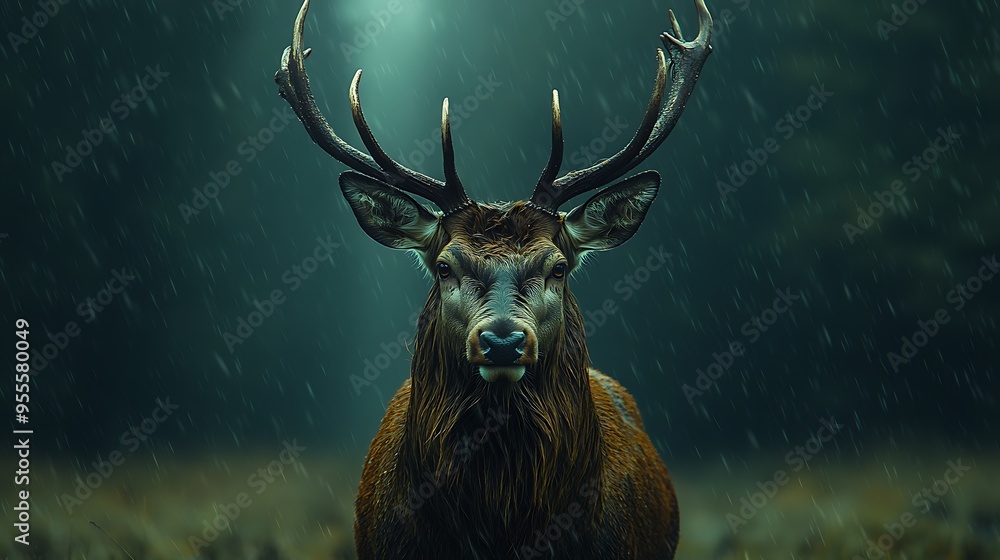 A majestic red deer stands in a dark forest, looking directly at the camera with rain falling around it. A majestic red deer stands in a dark forest, looking directly at the camera with rain falling around it.