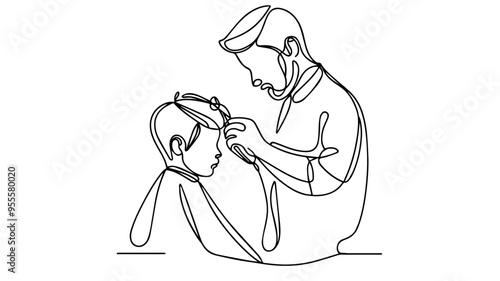 child's haircut at the barbershop line art vector