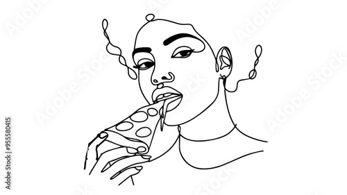 close up portrait of a black woman eating a cheesy pizza slice line art drawing