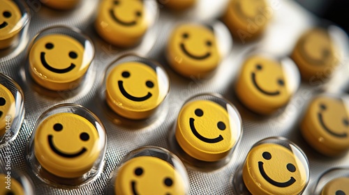 A close-up view of bright yellow pills featuring cheerful smiley faces, symbolizing happiness and positivity in healthcare.