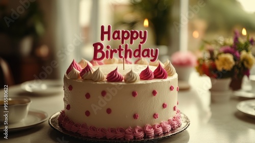 Wallpaper Mural A vintage "Happy Birthday" cake topper, set on a cake with a soft-focus background and plenty of copy space. Torontodigital.ca