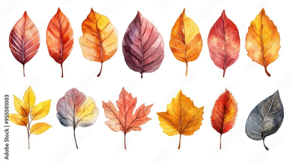 Obraz premium A watercolor illustration of various fall leaves in rich autumnal colors, ideal for artistic and seasonal designs with ample copy space.